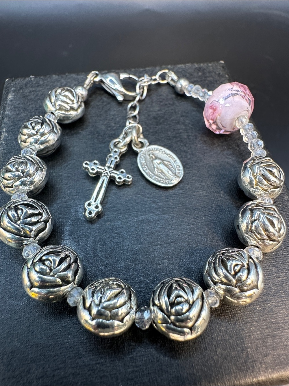Faith Inspired Silver Rose Bead Bracelet Miraculous Medal Cross Charm Lampwork - Picture 7 of 7